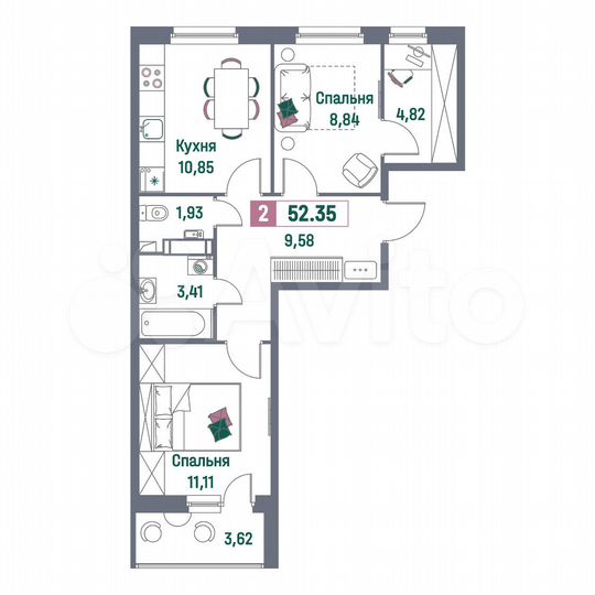 2-к. квартира, 52,4 м², 15/16 эт.