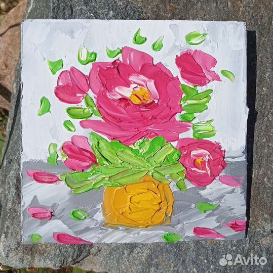 Объемная картина маслом пионы 3 миниатюры