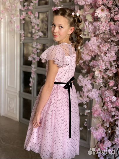 Платье в горошек розовое р122-152