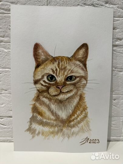 Картина акварелью в раме А4 Рыжий кот