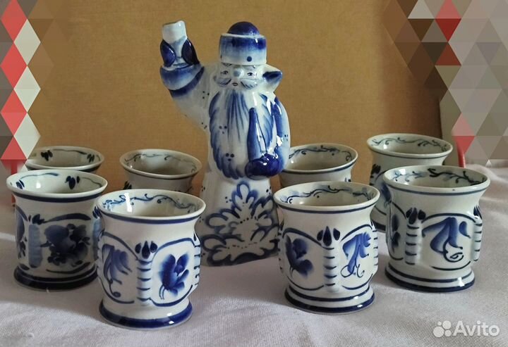 Штоф и стопки (8 шт.). Гжель. Винтаж. СССР