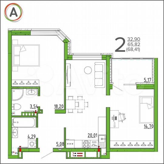 2-к. квартира, 68,4 м², 7/16 эт.