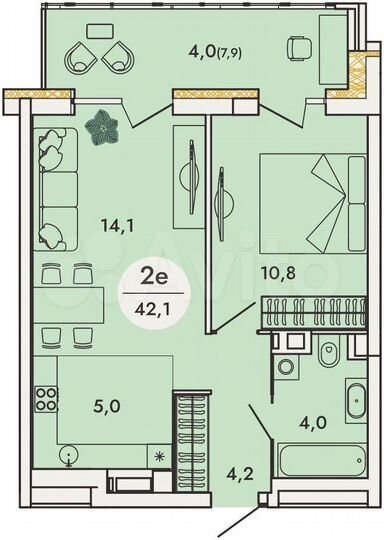 2-к. квартира, 42,1 м², 9/16 эт.