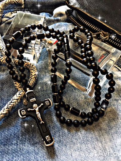 Мужские Бусы из Камня под Крест.Ручная Работа
