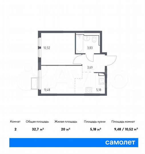 2-к. квартира, 32,7 м², 12/14 эт.