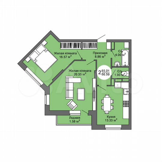 2-к. квартира, 66,6 м², 10/17 эт.