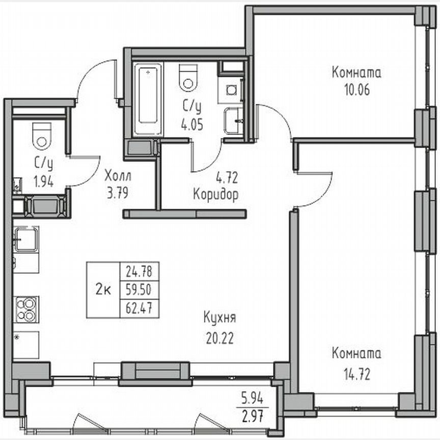 2-к. квартира, 62,5 м², 8/23 эт.