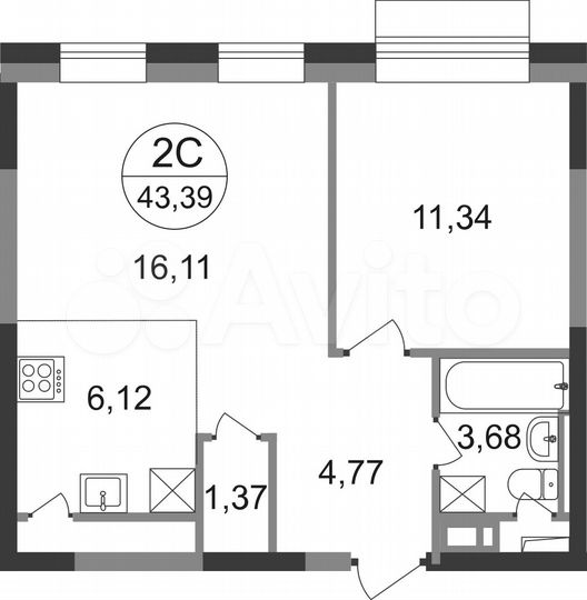 2-к. квартира, 43,4 м², 7/22 эт.