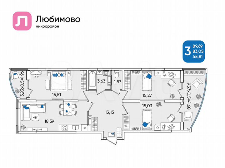 3-к. квартира, 89,7 м², 22/24 эт.