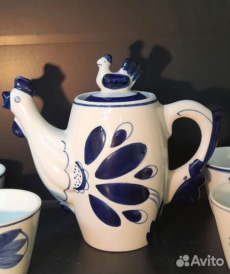 Чайник кофейник Петух Курочка Гжель + 6 чашек