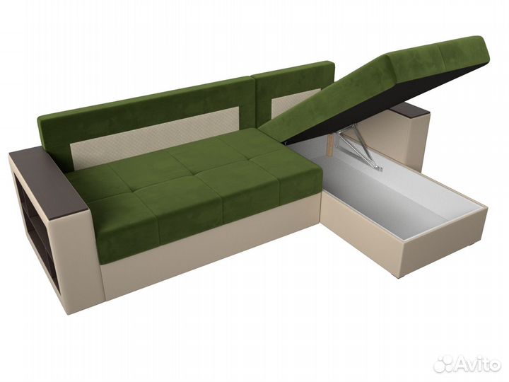 Диван угловой Дубай Лайт правый угол, микровельвет, экокожа, зеленый, бежевый
