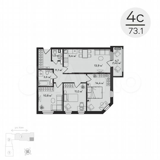 4-к. квартира, 73,1 м², 2/6 эт.