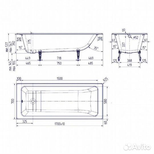 Ванна чугунная Delice Parallel 170х70 с антискольз