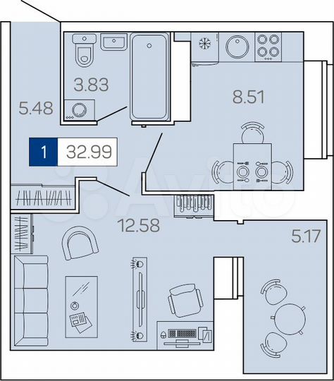 1-к. квартира, 33,1 м², 12/16 эт.