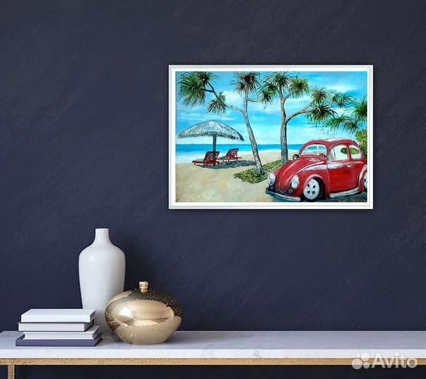 Картина маслом Морской пейзаж, красный автомобиль