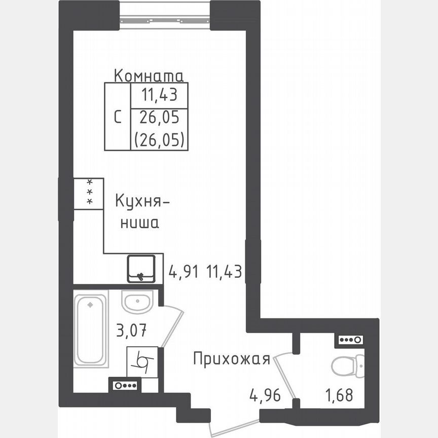 Квартира-студия, 26,1 м², 1/5 эт.