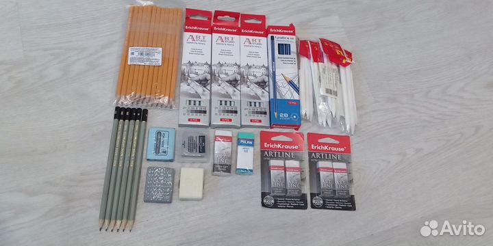 Карандаши простые, клячки, ластики, растушевки