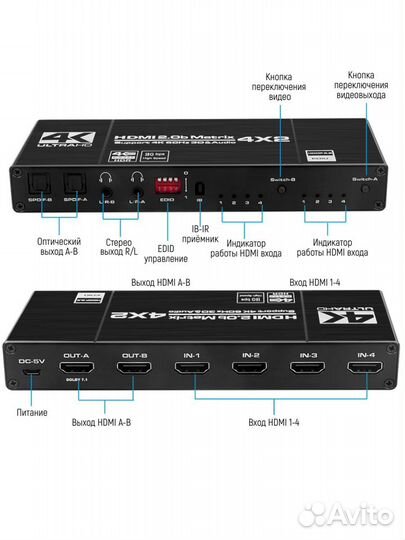 Матричный коммутатор с аудио hdmi 4х2 4K60HZ edid