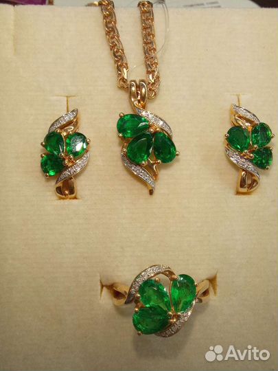 Серьги кольцо подвеска с изумрудами и бриллиантами