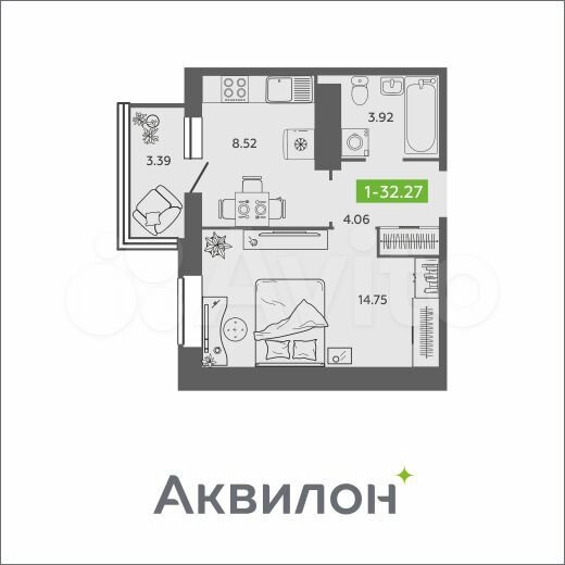 1-к. квартира, 32,3 м², 16/16 эт.