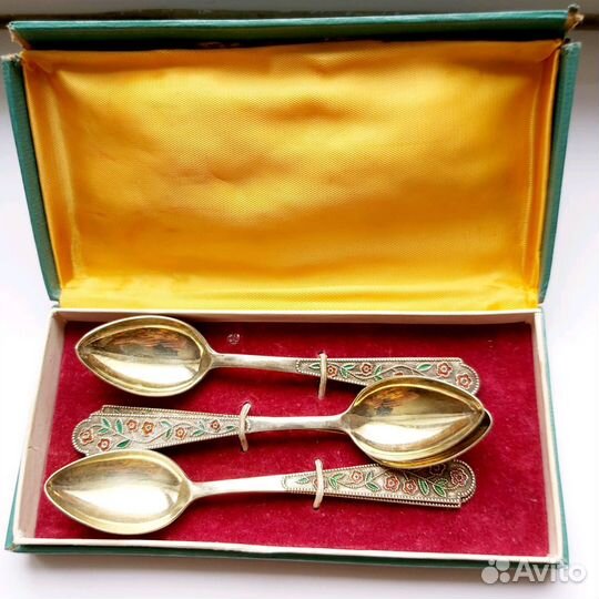 Серебряные винтажные антикварные чайные ложки эмал