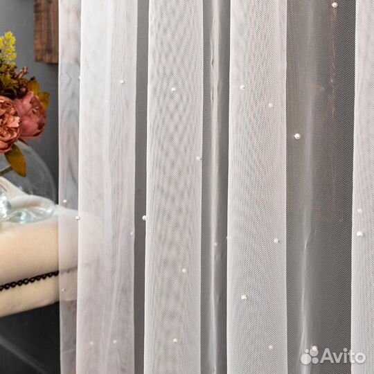 Микросетка с бусинками тюль Грейс Айвори