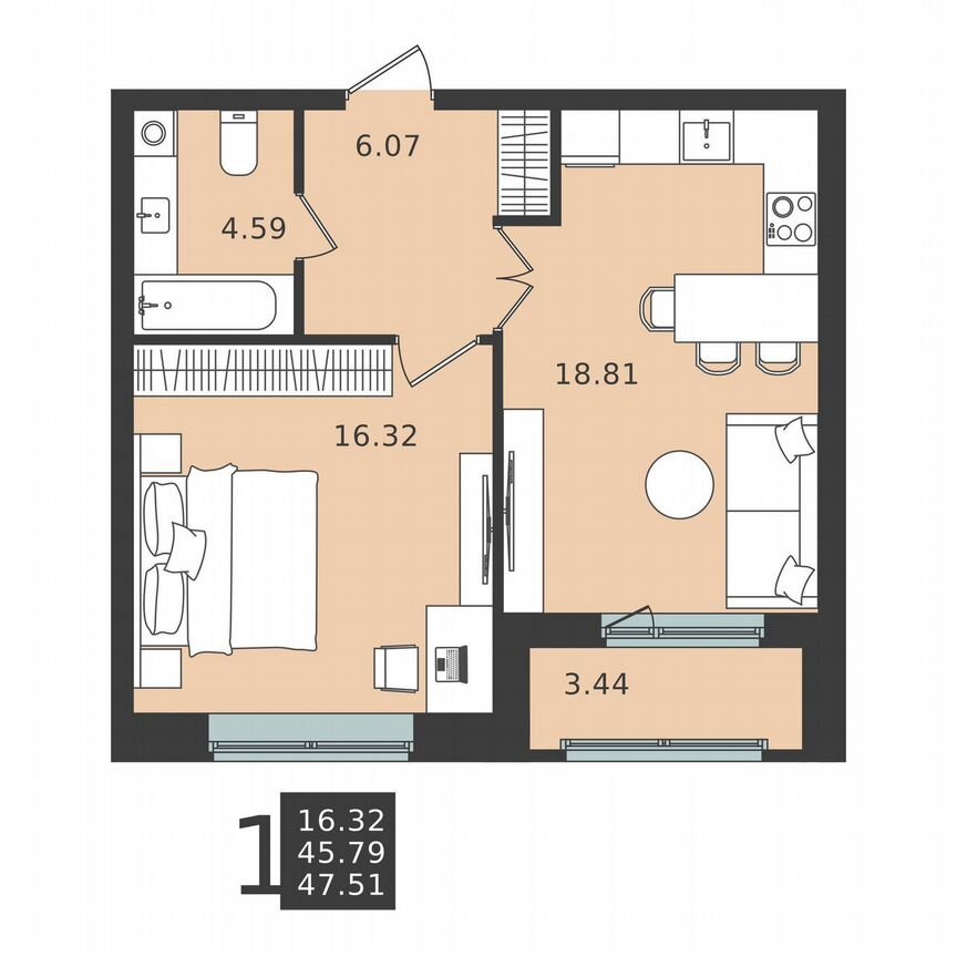 1-к. квартира, 47,5 м², 1/6 эт.