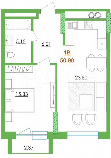 1-к. квартира, 50,9 м², 15/16 эт.