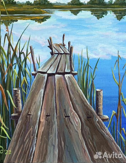 Картина летний пейзаж, мостик в пруду, камыш