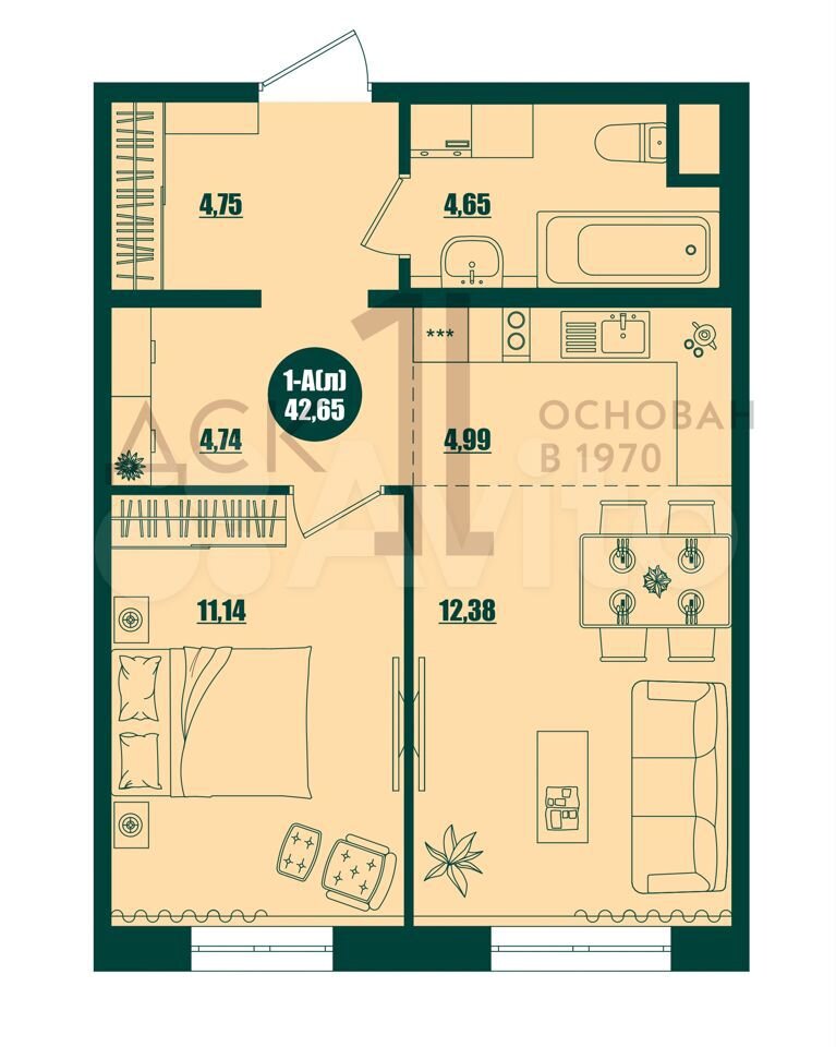 1-к. квартира, 42,7 м², 1/16 эт.