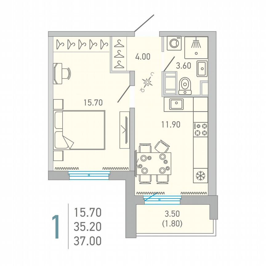 1-к. квартира, 37 м², 10/17 эт.