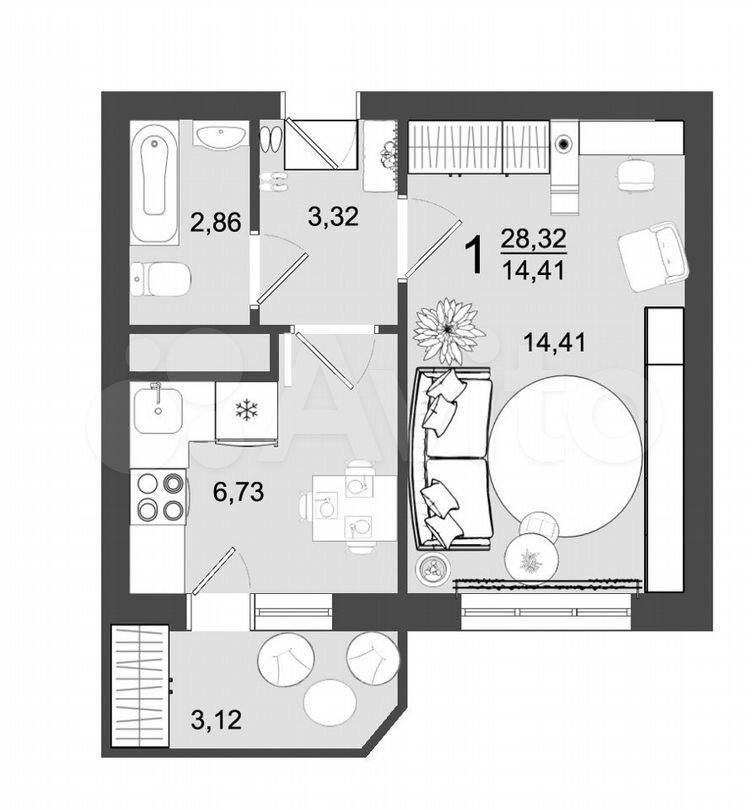 1-к. квартира, 28,3 м², 5/9 эт.