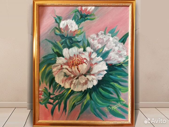 Картина Цветы пионов маслом на холсте 40х50 см