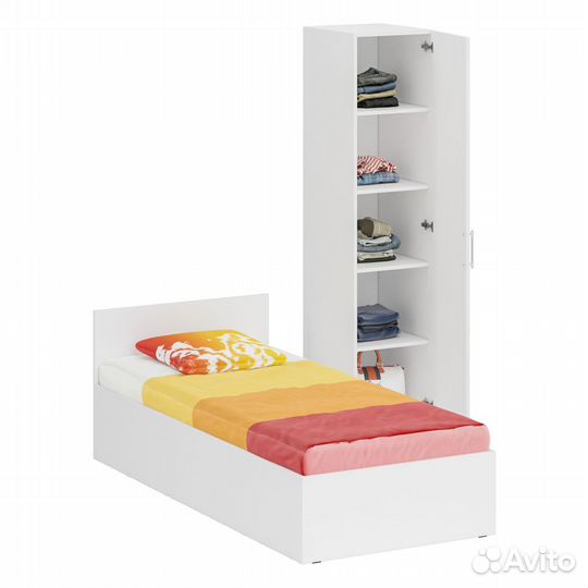 Кровать белая односпальная 900 с пеналом Стандарт, цвет белый, спальное место 900х2000 мм., без матр