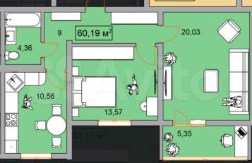 2-к. квартира, 60 м², 2/9 эт.