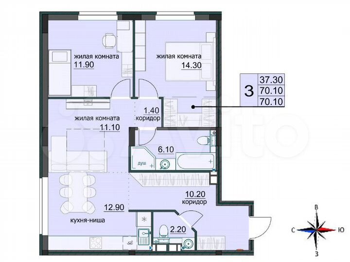 3-к. квартира, 70,6 м², 5/8 эт.