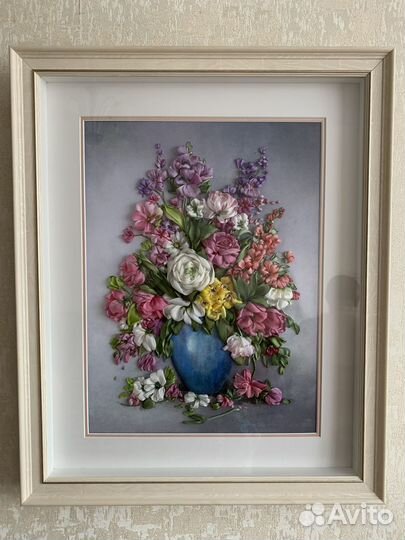 Картина, букет цветов, вышивка лентами