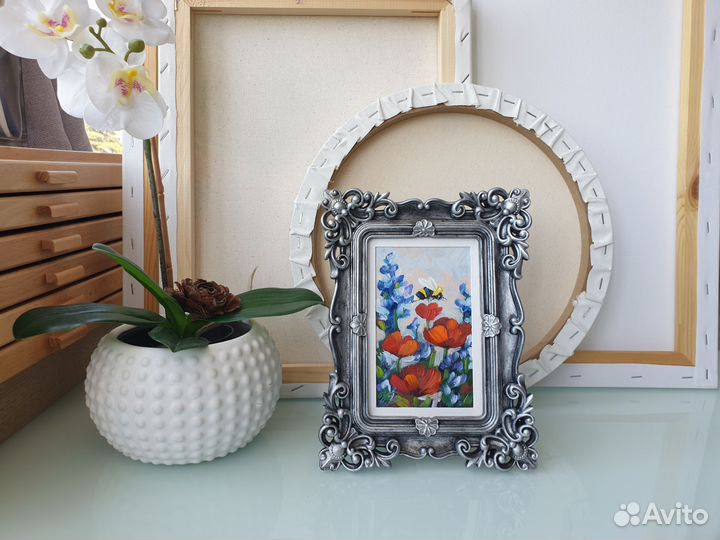 Картина Маки и Лаванда миниатюра в раме масло