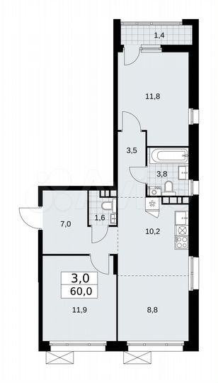 3-к. квартира, 60 м², 5/16 эт.