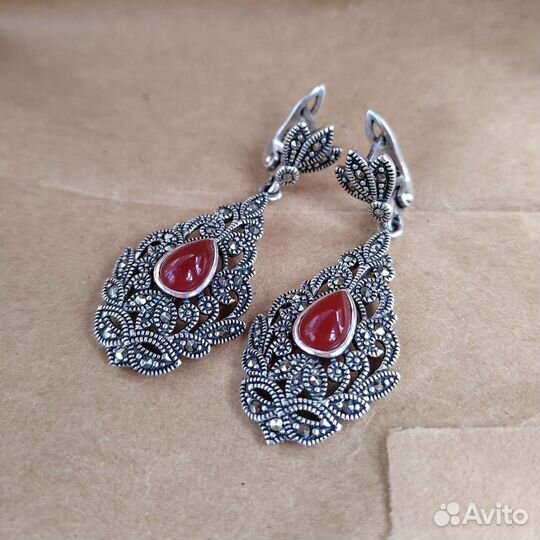 Комплект с марказитами и сердоликом, серебро