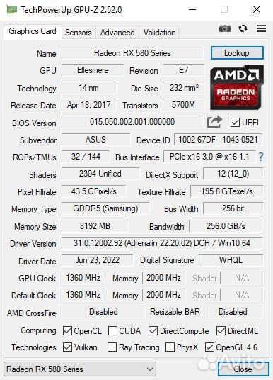 Видеокарта RX 580 8gb Asus Dual