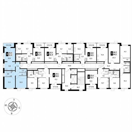 3-к. квартира, 63,4 м², 22/24 эт.