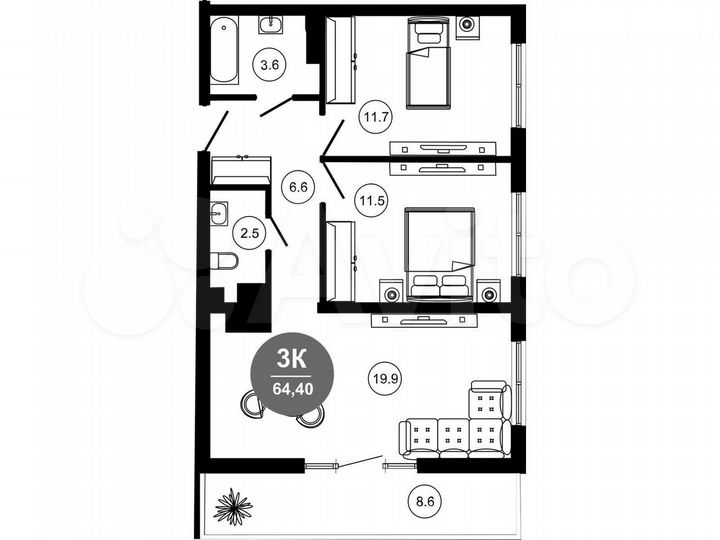 3-к. апартаменты, 64,5 м², 3/10 эт.