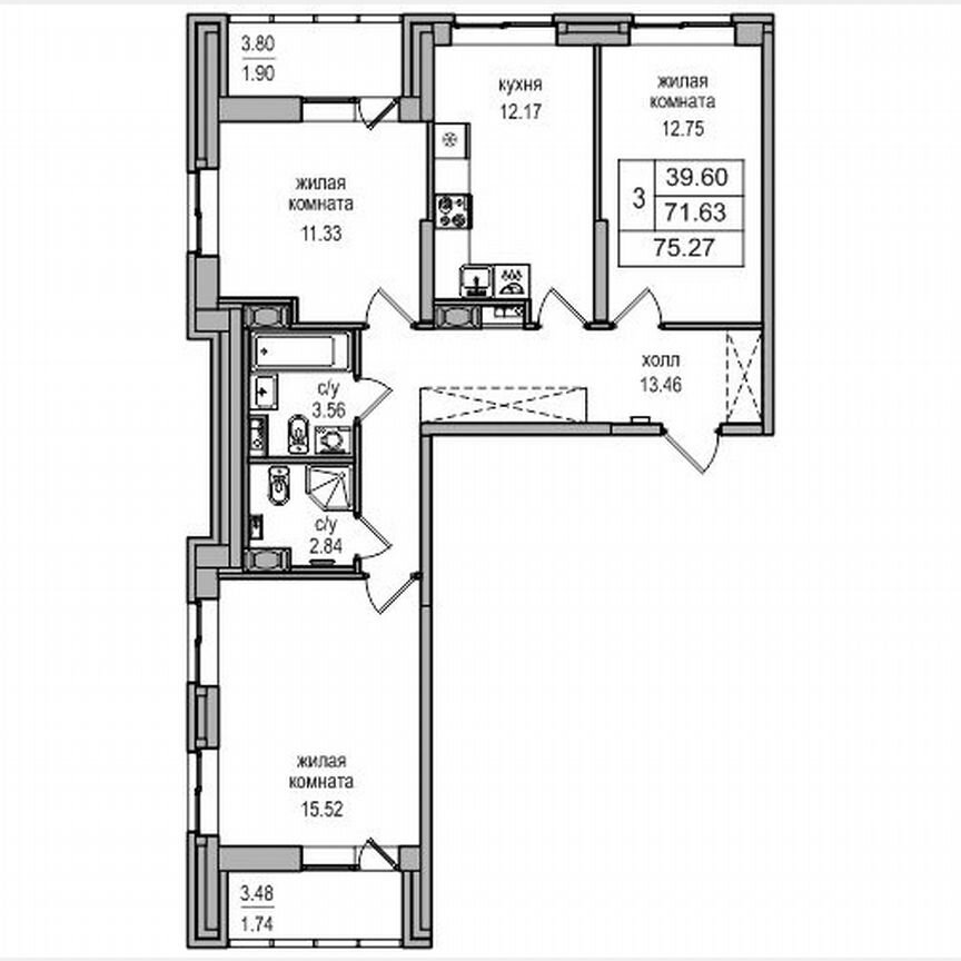 3-к. квартира, 75,5 м², 2/27 эт.
