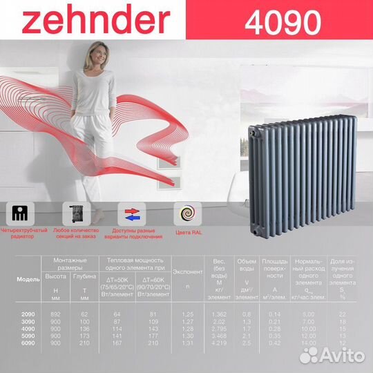 Стальной трубчатый радиатор отопления Zehnder 4090