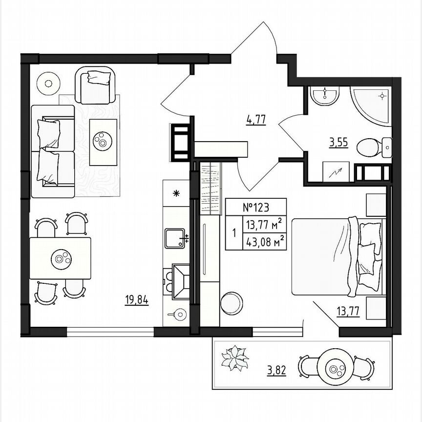 1-к. квартира, 43,1 м², 3/4 эт.