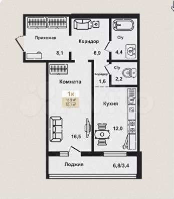 1-к. квартира, 55,1 м², 6/6 эт.