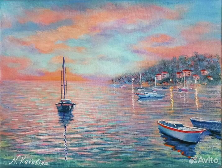 Картина маслом Морской вечерний пейзаж с лодками