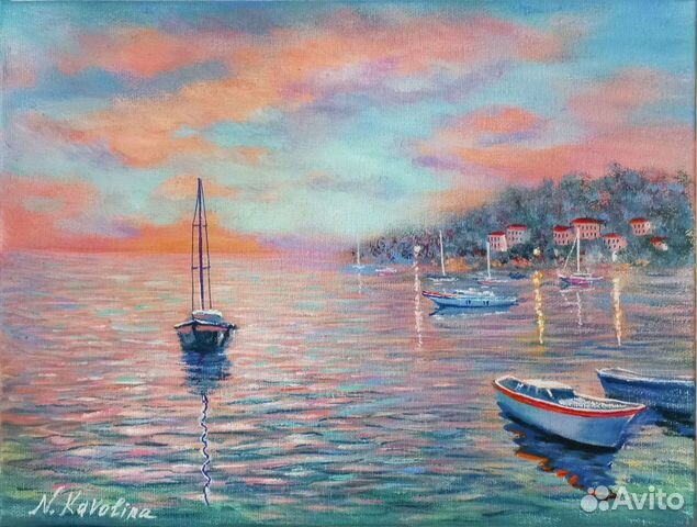 Картина маслом Морской вечерний пейзаж с лодками