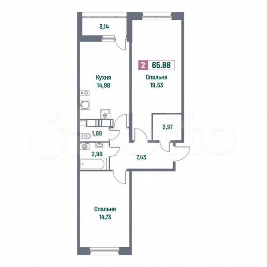 2-к. квартира, 65,9 м², 2/16 эт.